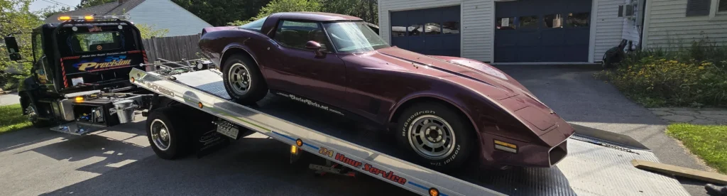 Charles's 1981 Corvette being placed on the Precision Towing tow truck to Dr. Steve's August 10, 2026 at 9:48am